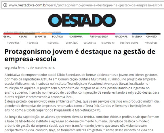 Protagonismo jovem na gestão de empresa-escola é notícia no Jornal O Estado