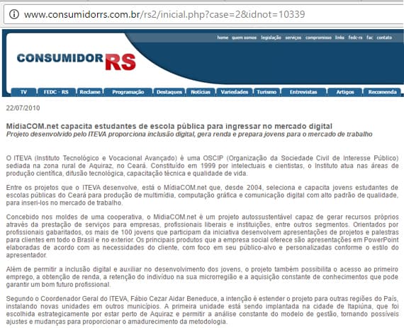 Consumidor RS divulga o projeto Mídiacom do Iteva