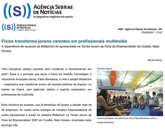 O Projeto Midiacom é matéria na Agência Sebrae de Notícias