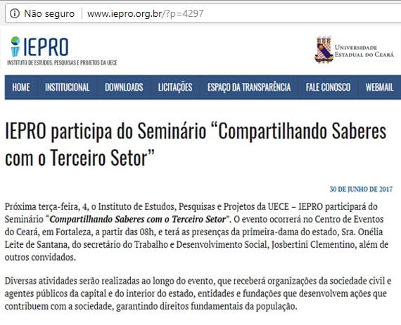 O site IEPRO publica sobre o Seminário Compartilhando Saberes com o Terceiro Setor